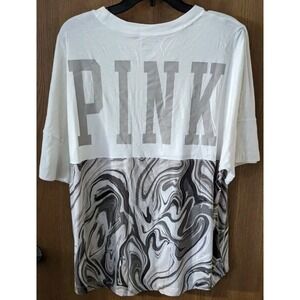Victoria's Secret Love Pink White Crew Tee Oversized Medium T-Shirt VS Marbled